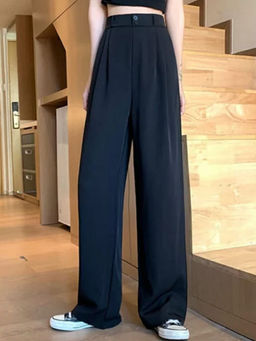 BROADSTAR - Women Straight Tailored Fit Pleated Korean Boot Cut Black Pants