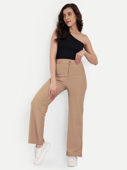 BROADSTAR - Textured Straight Regular Fit High-Rise Corduroy Brown Trouser