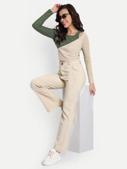 BROADSTAR - Textured Straight Regular Fit High-Rise Corduroy Beige Trouser