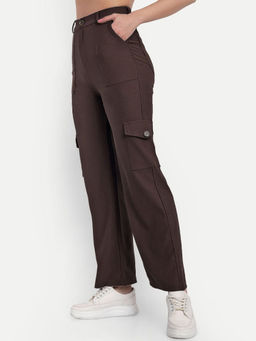 BROADSTAR - Textured Cotton Straight Regular Fit High-Rise Corduroy Brown Trouser