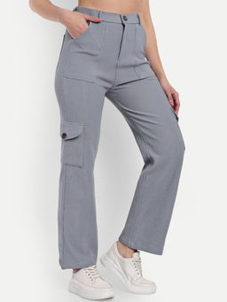 BROADSTAR - Textured Striped Straight Regular Fit High-Rise Cotton Grey Trouser