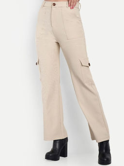 BROADSTAR - Textured Straight Regular Fit High-Rise Cotton Corduroy Beige Trouser