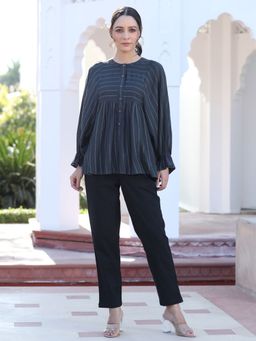 Jaipur Kurti - Grey Self Weave Lurex Gathered Top with Elasticated Gathered Sleeves