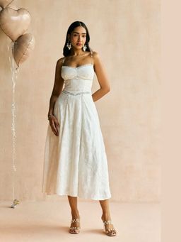 Lea Clothing - The Elan White Jacquard Lace Midi Dress