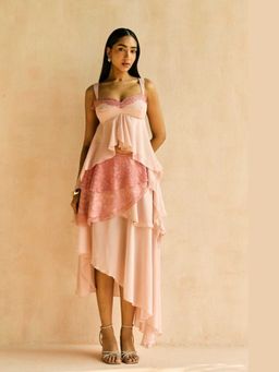 Lea Clothing - Pink Blush Lace-Layered Asymmetrical Skirt