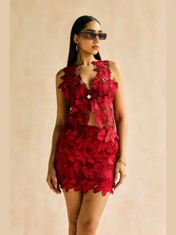 Lea Clothing - Red Scarlet Cutwork Lace Mini Skirt