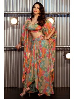 Paulmi & Harsh - Multi Coloured Jacket With Crop Top, Drape Skirt And Belt