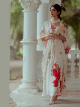 Paulmi & Harsh - Della Off White Printed Maxi Dress With Jacket