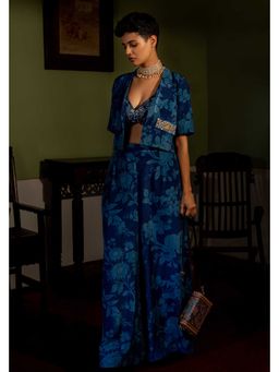 Paulmi & Harsh - Blue Floral Printed Blazer With Pant And Blouse