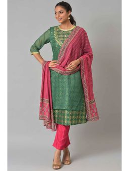 Aurelia - Women Green Floral Print Kota Kurta Set with Trousers & Dupatta