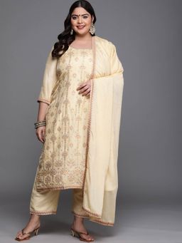Extra love by Libas - Plus Size Women Yellow Woven Design Silk Blend Straight Kurta Sets for Women