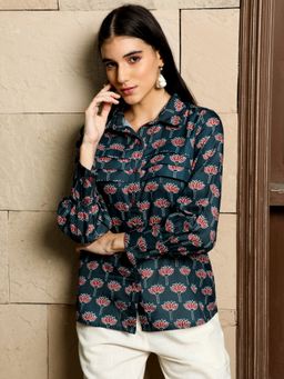 Jaipur Kurti - Navy Blue Lotus Print Full Sleeve Shirt