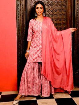 Jaipur Kurti - Pink Ethnic Printed Straight Kurta With Sharara And Chiffon Dupatta (Set of 3)
