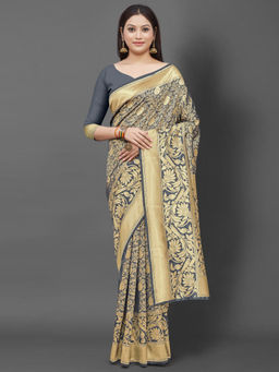 Akhilam - Womens Silk Blend Grey Woven Design Celebrity Saree with Unstitched Blouse