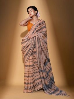 Beatitude - Beige Cotton Woven Saree with Unstitched Blouse