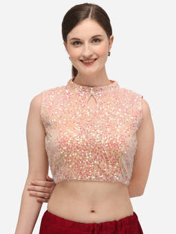 Amrutam Fab - Womens Sequence Work Peach Velvet Stiched Blouse With Collar Neck
