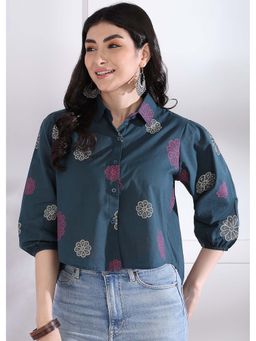 Vbuyz - Women's Royal Blue Floral Printed Up Down Cotton Stitched Shirt