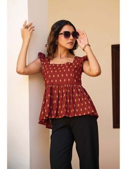 Vbuyz - Women's Maroon Printed Fit and Flare Cotton Stitched Top