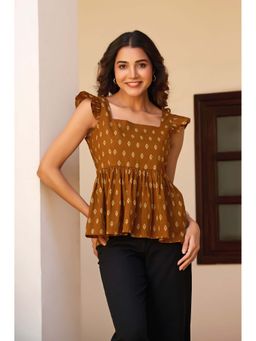 Vbuyz - Women's Mustard Printed Fit and Flare Cotton Stitched Top