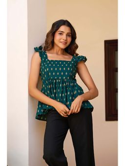 Vbuyz - Women's Teal Printed Fit and Flare Cotton Stitched Top