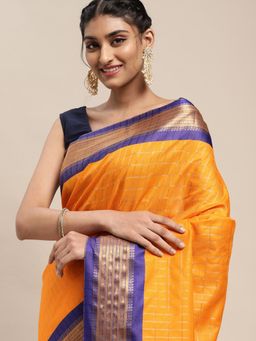 Vastranand - Mustard Yellow & Golden Checked Pure Silk Gadwal Saree with Unstitched Blouse