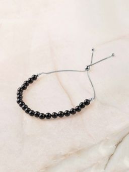 Ornate Jewels - 925 Silver Rhodium Plated Black Spinel Beads Adjustable Bracelet for Women & Girls