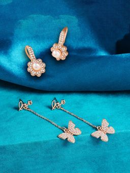 Zaveri Pearls - Set of 2 Rose Gold Contemporary Cubic Zirconia Drop Earrings-ZPFK13472