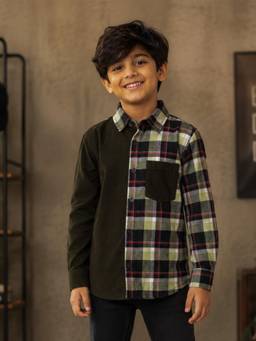 KiddoPanti - Boys Cotton Knit Corduroy Check Shirt - Green