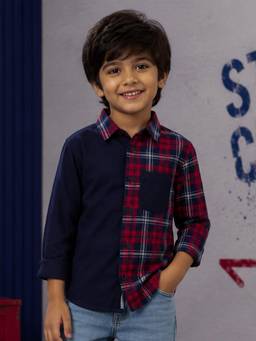 KiddoPanti - Boys Cotton Knit Corduroy Check Shirt - Red