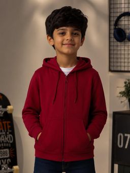 KiddoPanti - Boys And Girls Full Sleeves Solid Zip Front Open Hoodie - Maroon