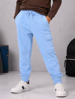 KiddoPanti - Boys Cotton Fleece Solid Cargo Trackpant - Blue