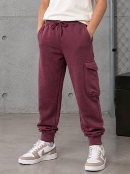 KiddoPanti - Boys Cotton Fleece Solid Cargo Trackpant - Maroon