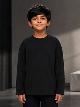 KiddoPanti - Boys Cotton Crew Neck Full Sleeves Solid T-Shirt - Black