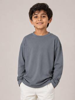 KiddoPanti - Boys Cotton Crew Neck Full Sleeves Solid T-Shirt - Grey