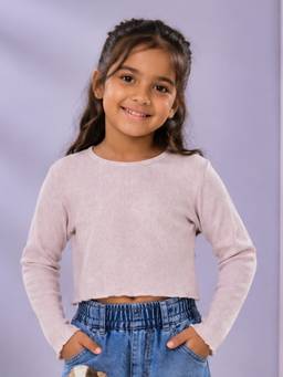 KiddoPanti - Girls Cotton Knit Full Sleeves Solid Crop T-Shirt - Beige