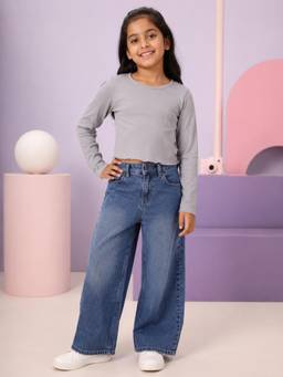 KiddoPanti - Girls Cotton Knit Full Sleeves Solid Crop T-Shirt - Grey