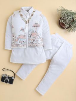 BT DEZINES - Boys White Pure Cotton Kurta With Pyjama & Jacket - Necklace