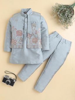 BT DEZINES - Boys Sea Green Cotton Silk Floral Kurta With Trouser & Jacket