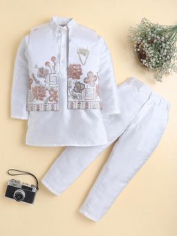 BT DEZINES - Boys White Cotton Silk Floral Kurta With Trouser & Jacket