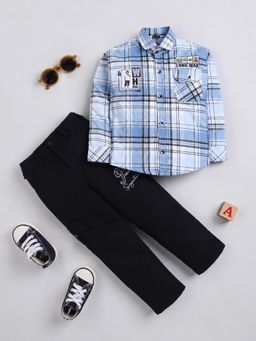 BT DEZINES - Boys Sky Blue Cotton Blend Checks Shirt & Trouser - Blue