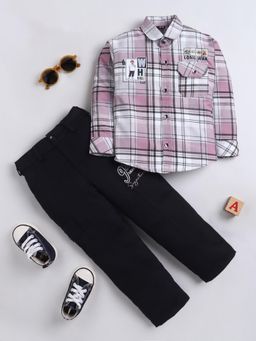 BT DEZINES - Boys Sky Blue Cotton Blend Checks Shirt & Trouser - Pink