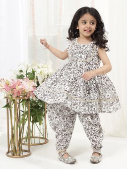 Little Bansi - Girls Floral Cotton Sleeveless Kurta & Salwar - Cream