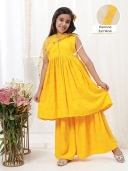 Little Bansi - Girls Pure Cotton Diamond Zari Kurta With Sharara & Dupatta - Yellow
