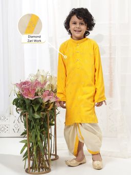 Little Bansi - Boys Cotton Diamond Zari Full Sleeve Kurta With Dhoti - Yellow