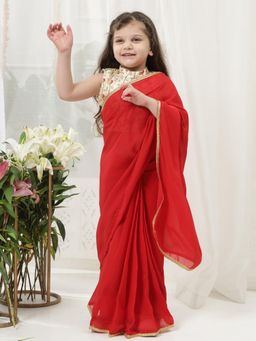 Little Bansi - Girls Floral Embroidered Brocade Blouse And Georgette Saree - Red