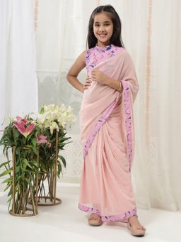 Little Bansi - Girls Floral Blouse And Ready-To-Wear Georgette Saree - Peach