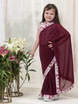 Little Bansi - Girls Floral Cotton Blouse And Ready-To-Wear Georgette Saree - Maroon