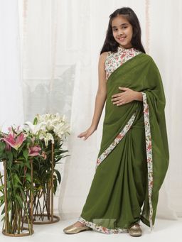 Little Bansi - Girls Floral Cotton Blouse And Saree - Green
