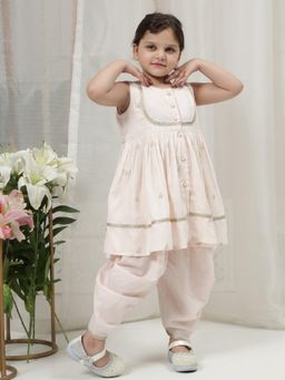 Little Bansi - Girls Butterfly Zari Thread Work Cotton Kurta & Salwar - Baby Pink