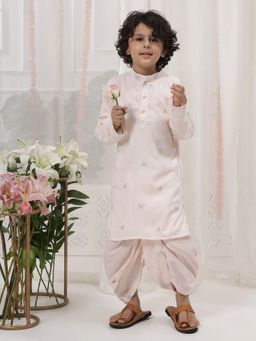 Little Bansi - Boys Butterfly Zari Thread Work Cotton Kurta Dhoti - Baby Pink